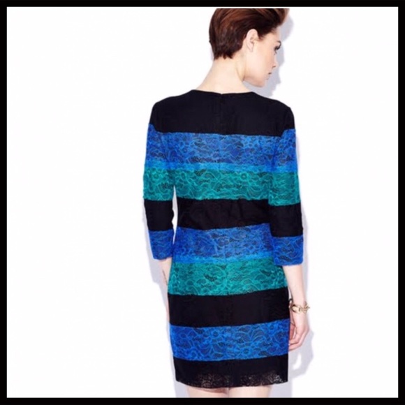 COCKTAIL MINI DRESS BLACK EMERALD GREEN COBALT BLUE LACE SHIFT KNIT DRESS A2C - Picture 5 of 8